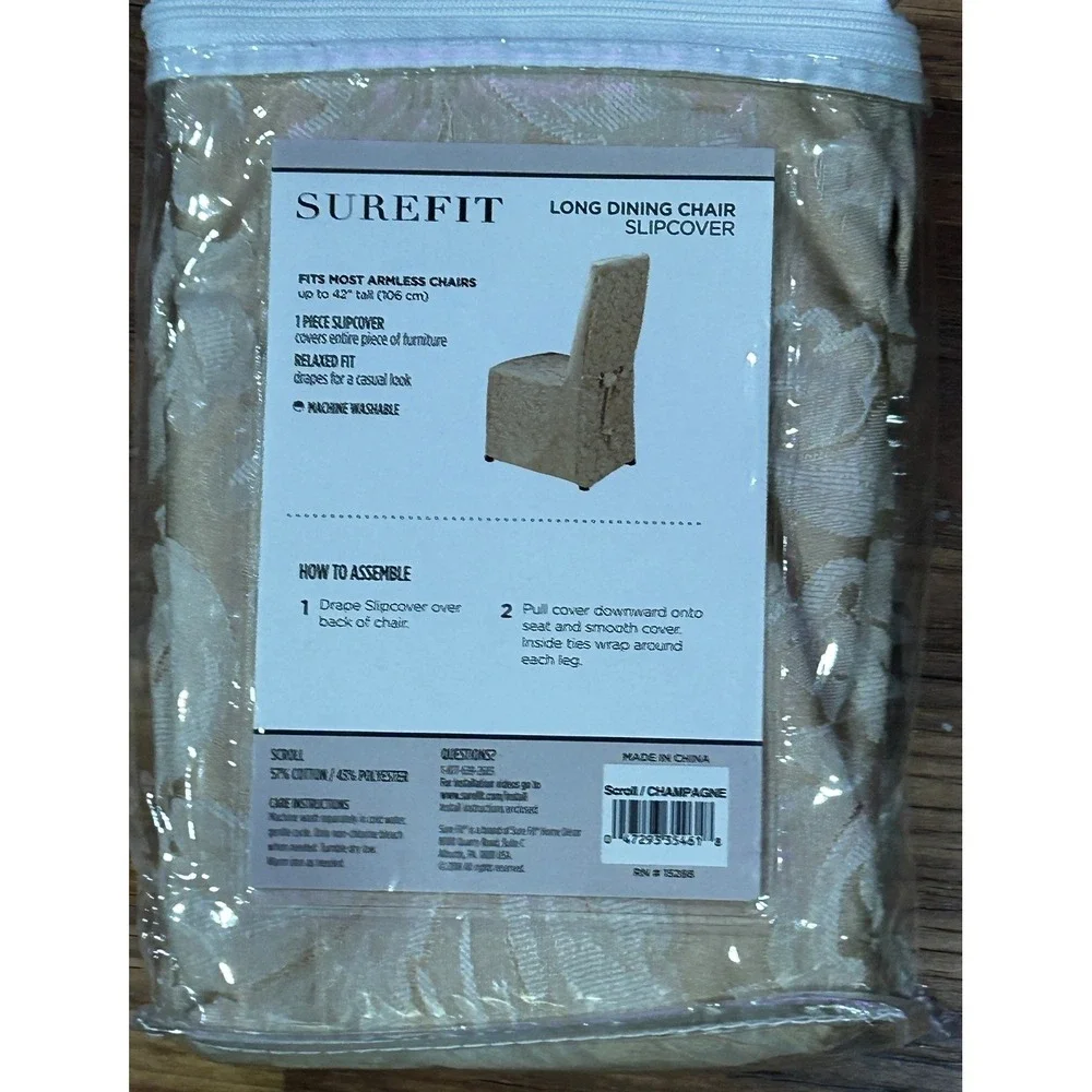 SureFit Long Dining Chair Slipcover Scroll Champagne Relaxed Fit 1 Piece New